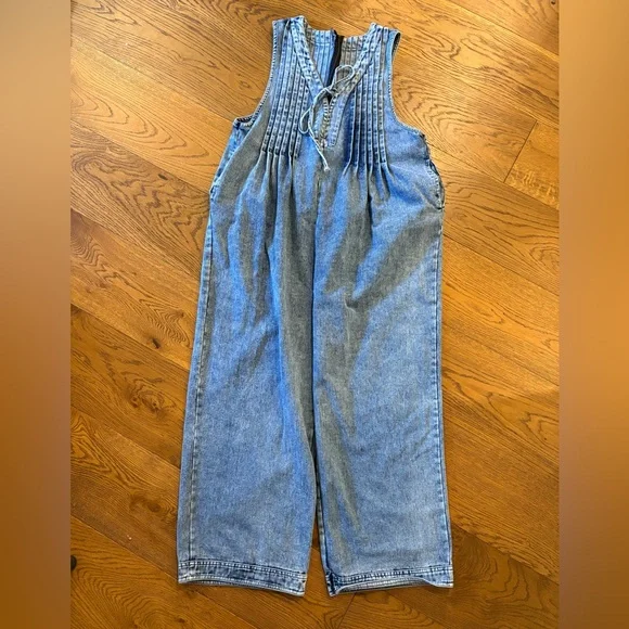 #20 Denim Blue Pleated Jumpsuit 21.5” PTP 22” waist - Picture 2 of 5
